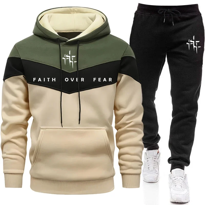 Mens Fashion Streetwear - Faith Over Fear Herren-Trainingsanzug mit Kapuzenpullover