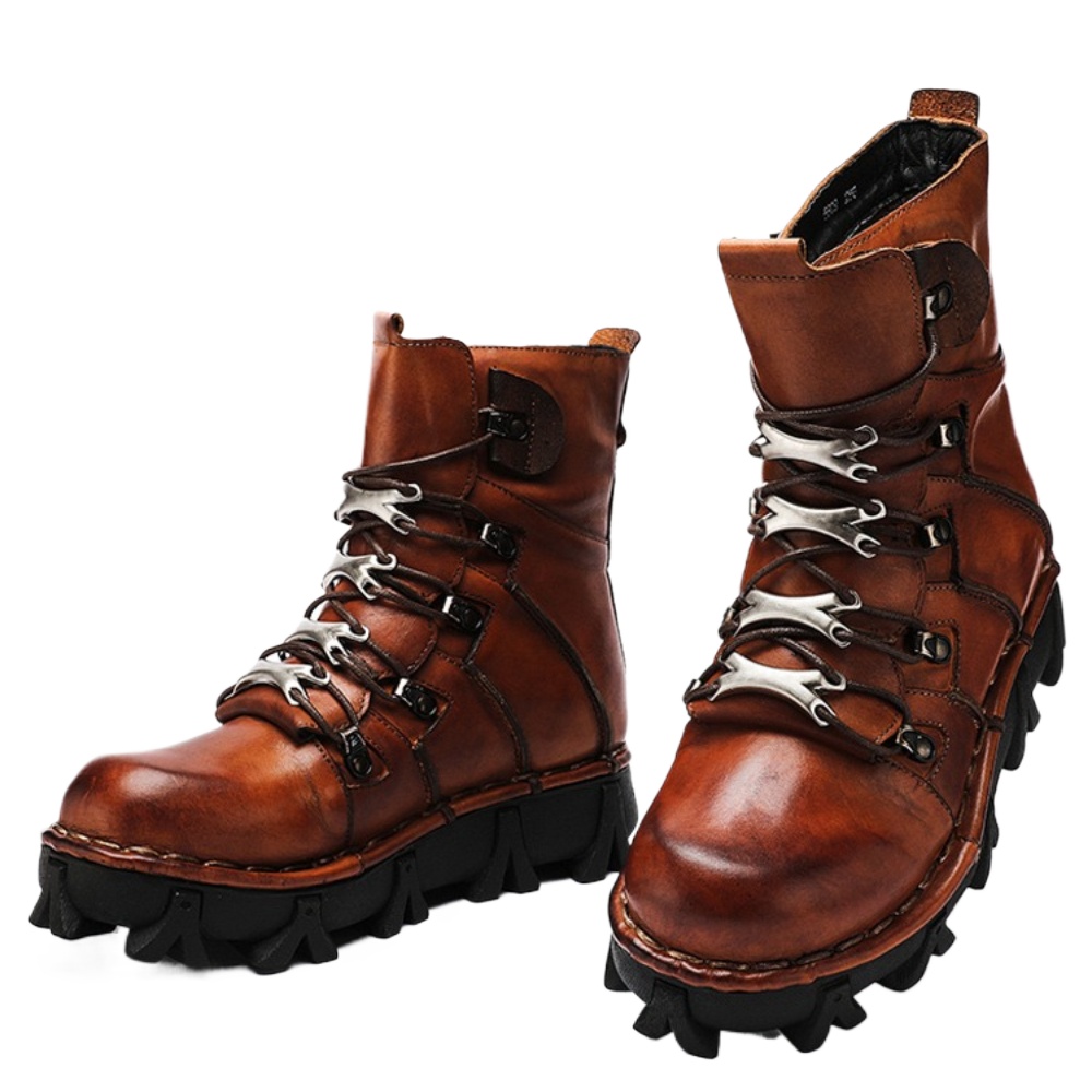 Men'S Fashion Hiking Boots - Modische Herren-Motorradstiefel aus Echtem Rindsleder, Gothic-Totenkopf-Punk-Kampfstiefel