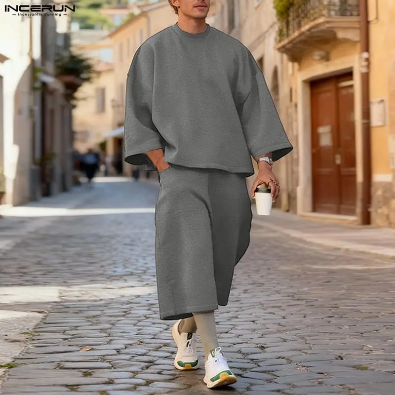 Mens Fashion Streetwear - INCERUN Herren-Sets, einfarbig, lockere Kapuzenpullover mit