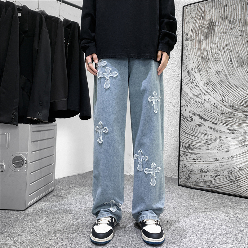 Men'S Fashion For 60 Year Old - Herren Jeans mit Kreuz-Print, Herbst-Winter, Harajuku,