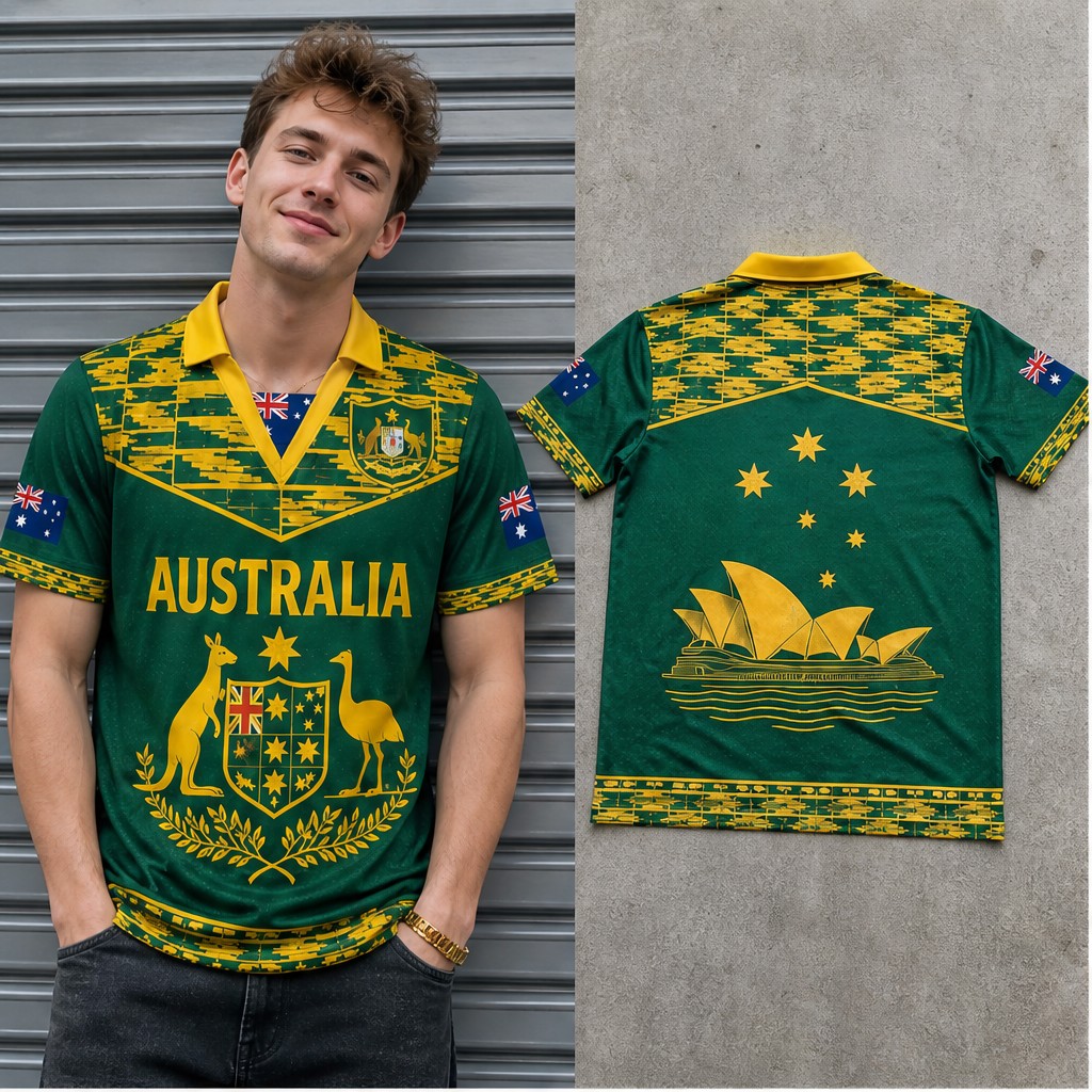 Mens Fashion Australia - Herren Australien Verziertes Känguru-Emu-Wappen Halbpolo V-Ausschnitt